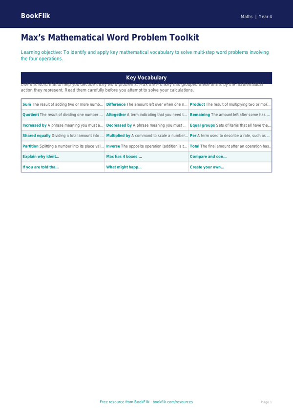 Free Word Problems Word Mat | Class 4 | Maths | BookFlik worksheet preview — Maths Word Problems