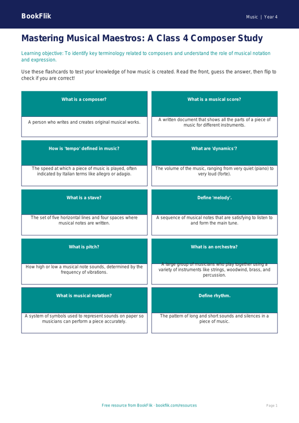 Free Composers Flashcards | Class 4 | Music | BookFlik worksheet preview — Music Composers