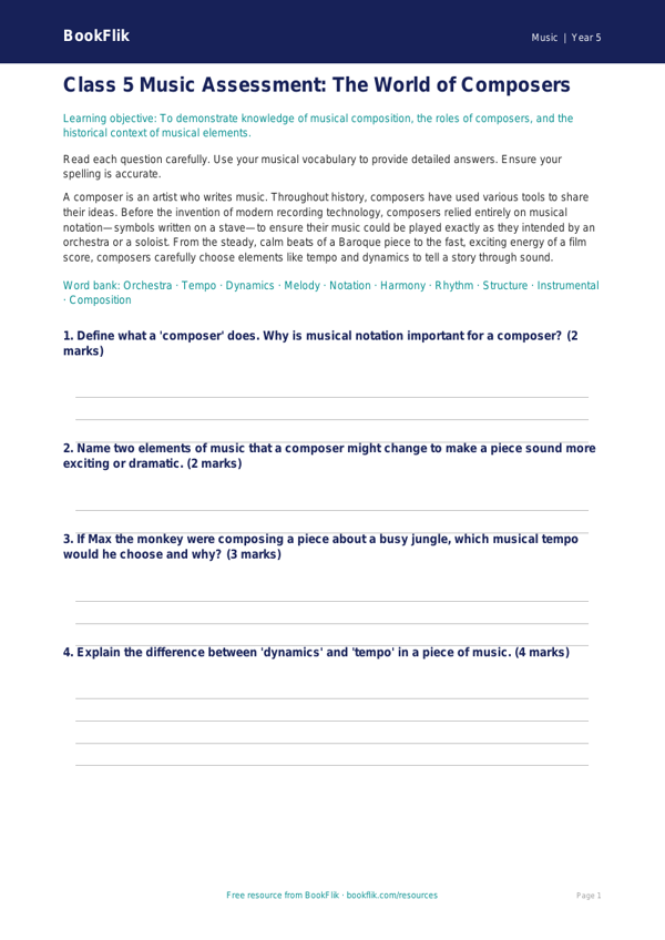 Free Composers Assessment | Class 5 | Music | BookFlik worksheet preview — Music Composers