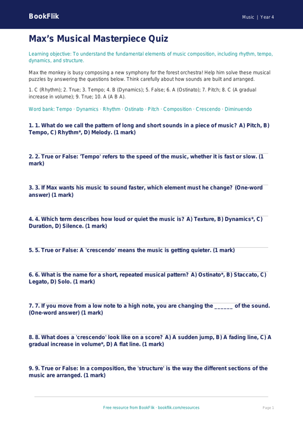 Free Composition Quiz | Class 4 | Music | BookFlik worksheet preview — Music Composition