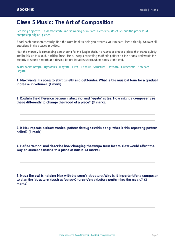 Free Composition Assessment | Class 5 | Music | BookFlik worksheet preview — Music Composition