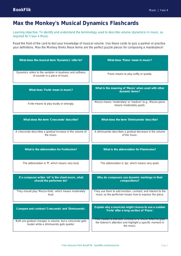 Dynamics in Music: Class 4 Learning Resource | BookFlik worksheet preview — Music Dynamics