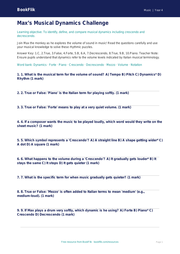Dynamics in Music Quiz for Class 4 | CBSE Music Resources worksheet preview — Music Dynamics