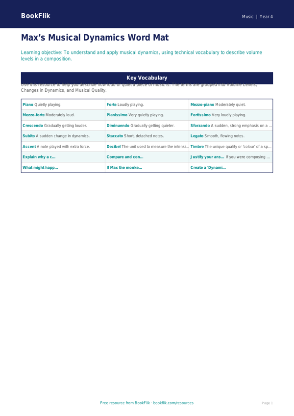 Dynamics in Music: Class 4 Learning Resource | BookFlik worksheet preview — Music Dynamics