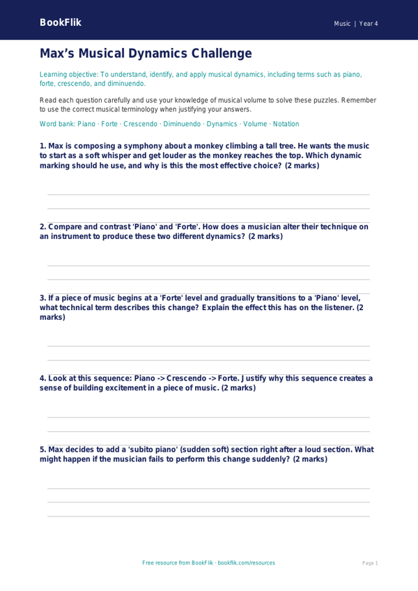 Dynamics in Music Worksheet | Class 4 CBSE | BookFlik worksheet preview — Music Dynamics