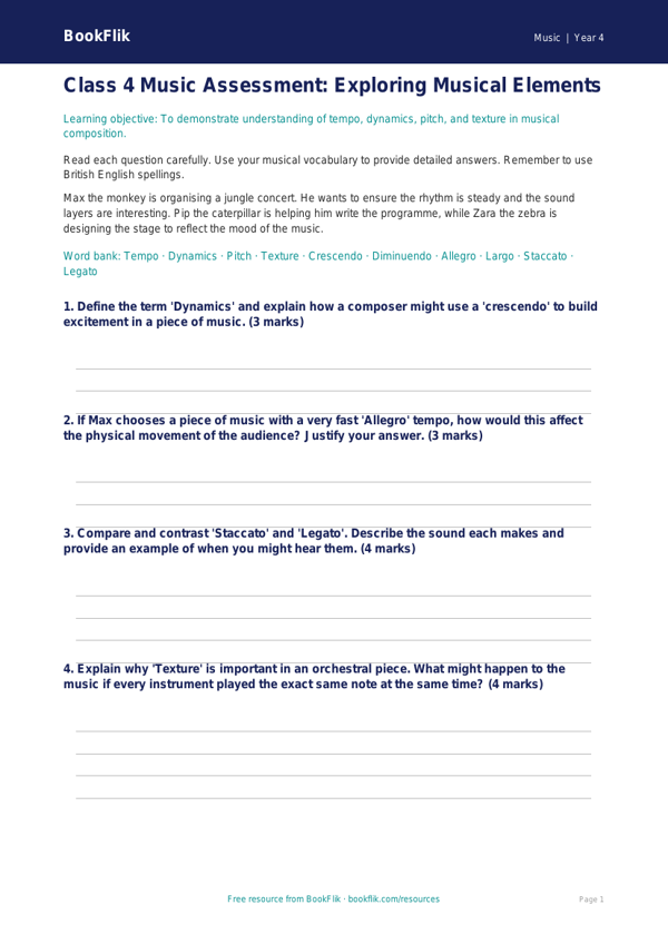 Musical Elements Assessment for Class 4 | CBSE Music Curriculum worksheet preview — Music Musical Elements
