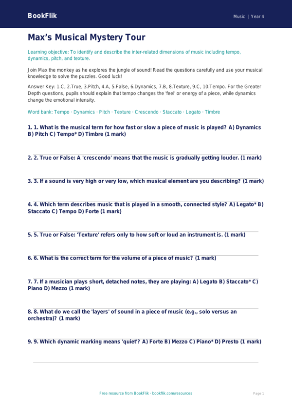 Musical Elements Quiz for Class 4 | CBSE Music Curriculum | BookFlik worksheet preview — Music Musical Elements