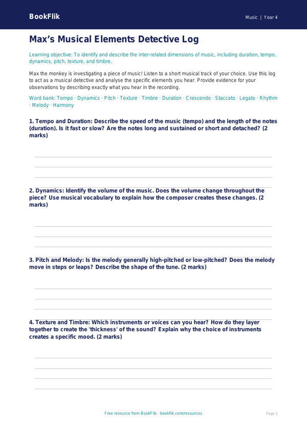 Musical Elements Worksheet for Class 4 | CBSE Music Curriculum worksheet preview — Music Musical Elements