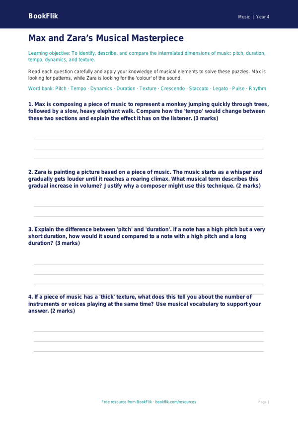 Free Musical Elements Worksheet | Class 4 | Music | BookFlik worksheet preview — Music Musical Elements