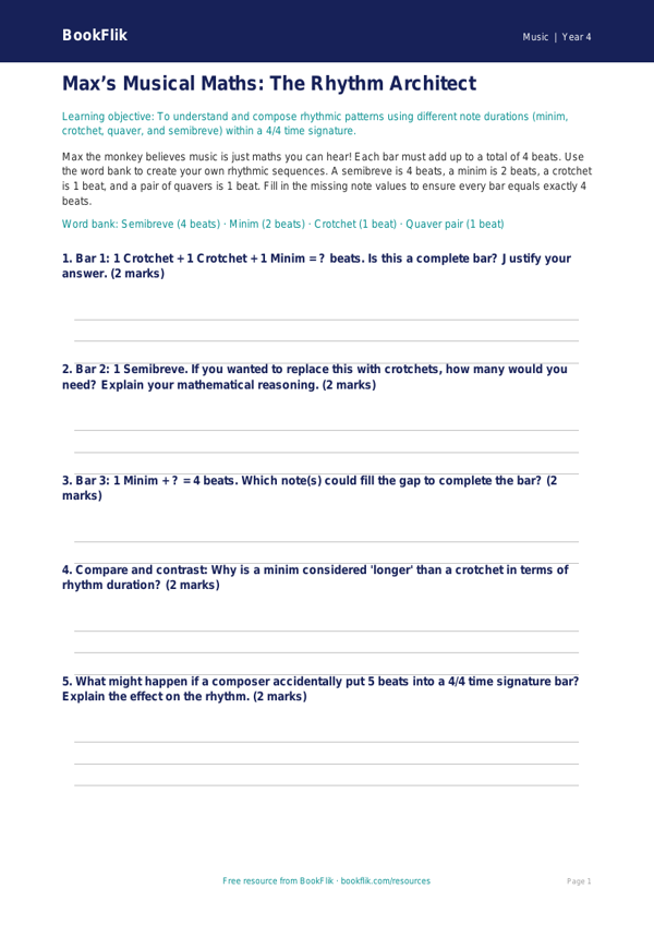 Free Rhythm Activity Sheet | Class 4 | Music | BookFlik worksheet preview — Music Rhythm
