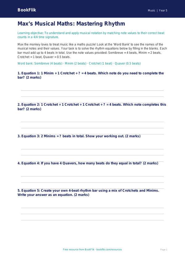 Rhythm Activity Sheet for Class 5 | Music CBSE | BookFlik worksheet preview — Music Rhythm