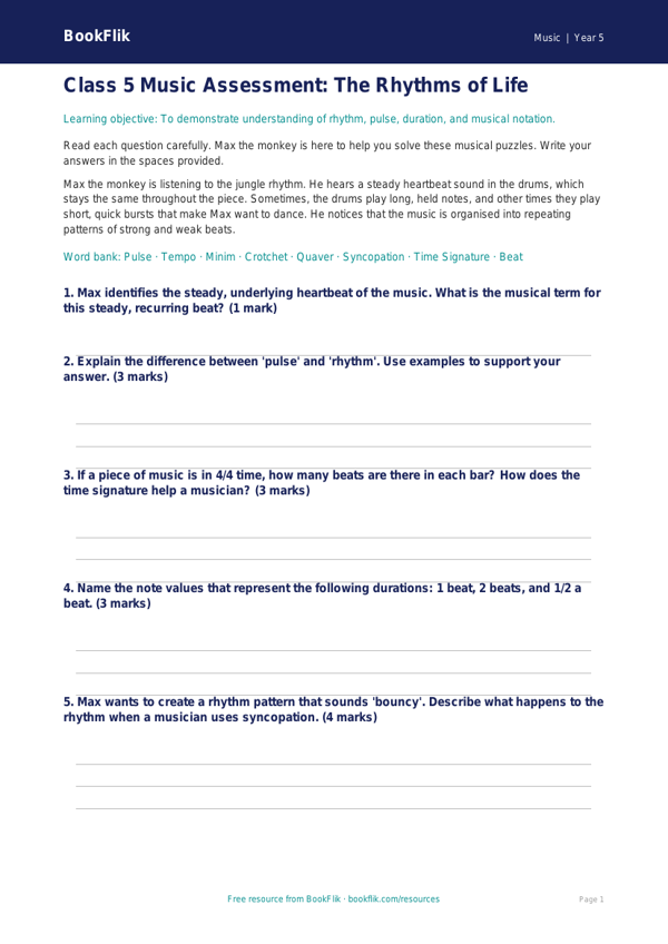 Class 5 Music Rhythm Assessment | CBSE/NCERT | BookFlik worksheet preview — Music Rhythm
