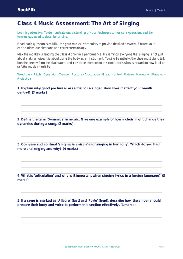 Class 4 Music Singing Assessment | CBSE Curriculum | BookFlik worksheet preview — Music Singing