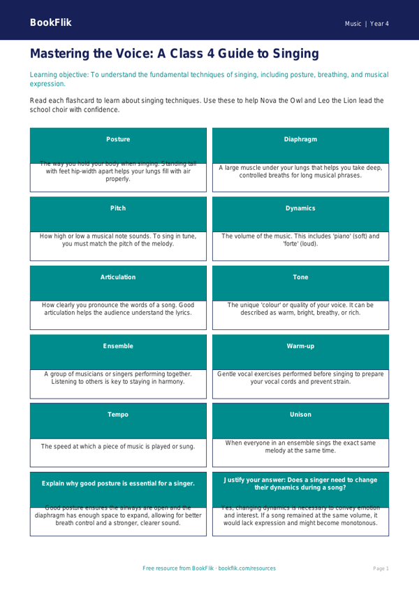Class 4 Music Theory: Singing Techniques & Vocal Exercises | BookFlik worksheet preview — Music Singing