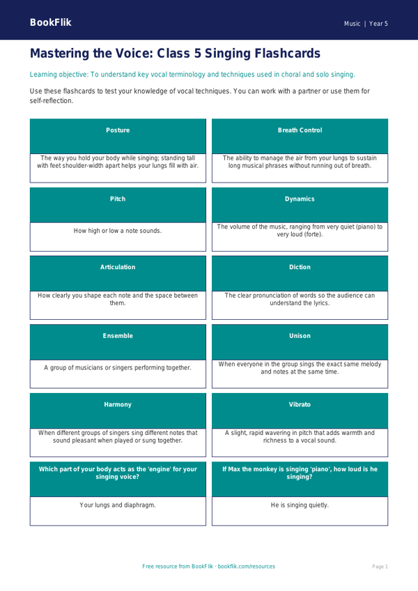 Singing Flashcards for Class 5 Music | CBSE Curriculum | BookFlik worksheet preview — Music Singing