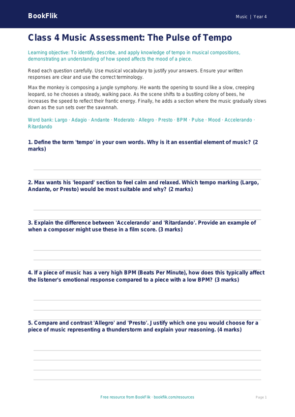 Class 4 Music Tempo Assessment | CBSE Curriculum | BookFlik worksheet preview — Music Tempo