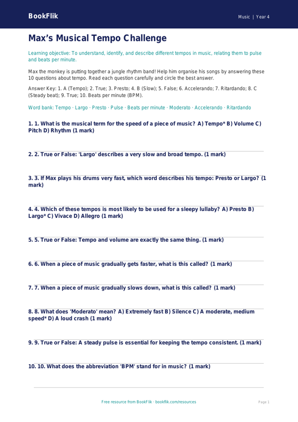 Tempo Quiz for Class 4 | Music Theory | BookFlik worksheet preview — Music Tempo