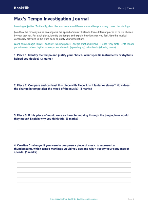 Tempo in Music: Class 4 CBSE Lesson & Activity | BookFlik worksheet preview — Music Tempo