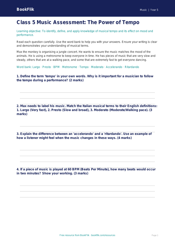 Tempo Assessment for Class 5 | CBSE Music Worksheet | BookFlik worksheet preview — Music Tempo