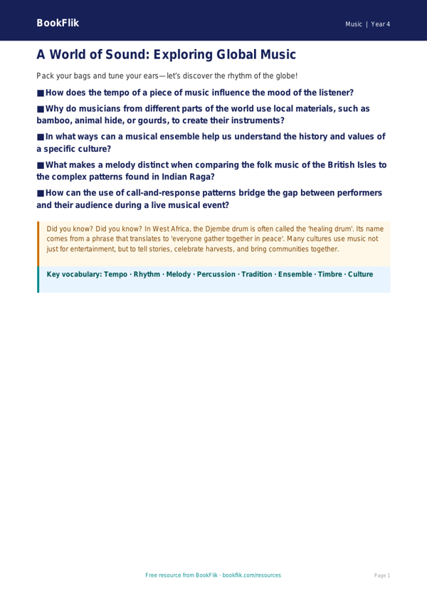 World Music Poster for Class 4 | CBSE Music Curriculum | BookFlik worksheet preview — Music World Music