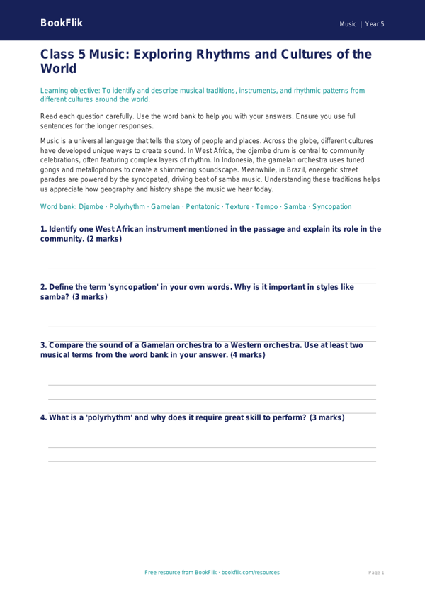 World Music Assessment for Class 5 | CBSE Music Curriculum worksheet preview — Music World Music