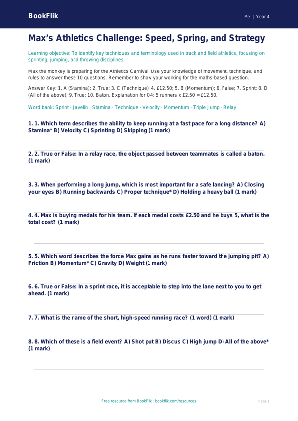 Athletics Quiz for Class 4 | CBSE Physical Education | BookFlik worksheet preview — Pe Athletics