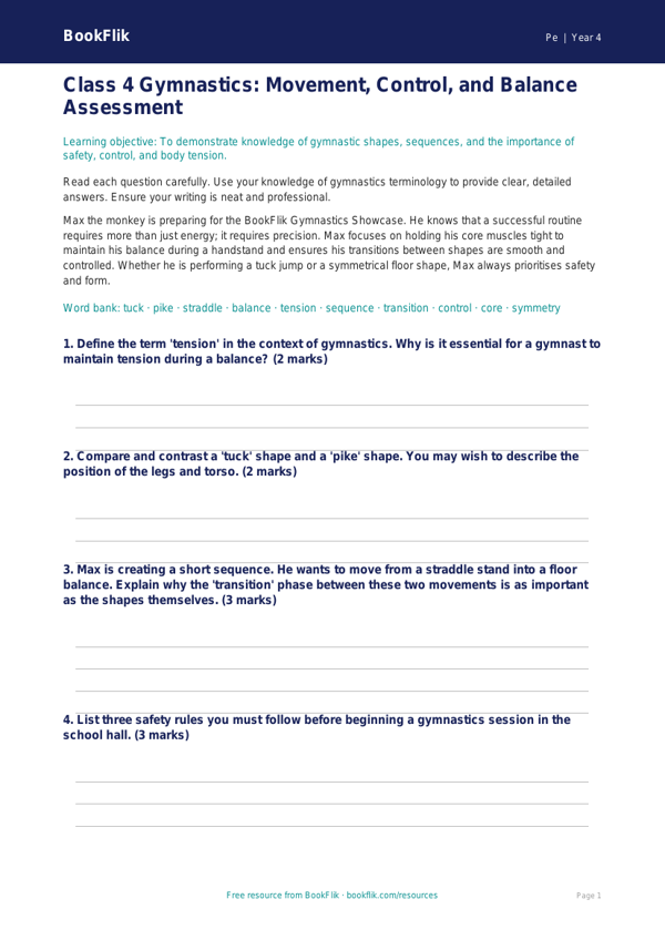 Class 4 Gymnastics Assessment Worksheet | CBSE PE Resources worksheet preview โ Pe Gymnastics