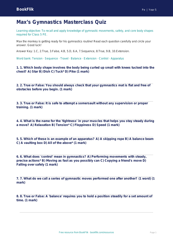 Gymnastics Quiz for Class 5 | CBSE Physical Education | BookFlik worksheet preview — Pe Gymnastics