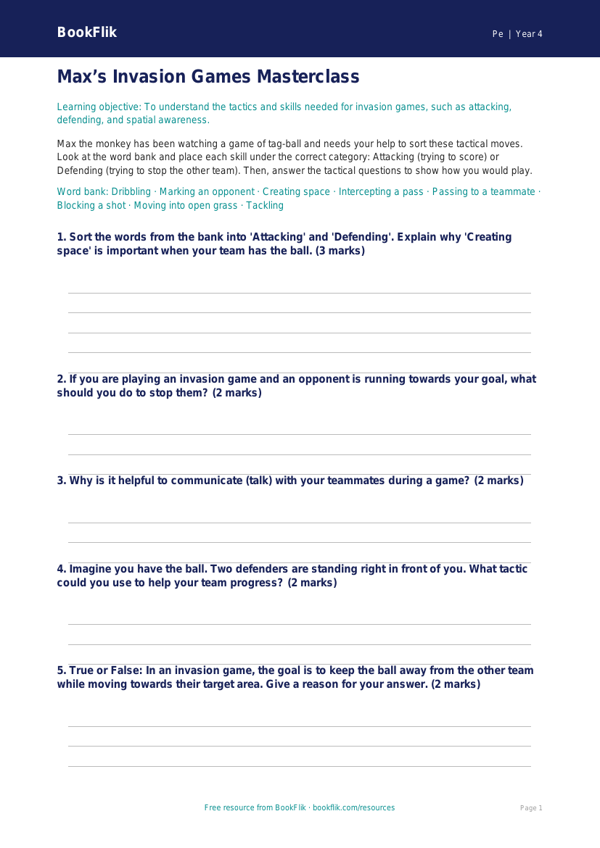 Free Invasion Games Activity Sheet | Class 4 | PE | BookFlik worksheet preview — Pe Invasion Games