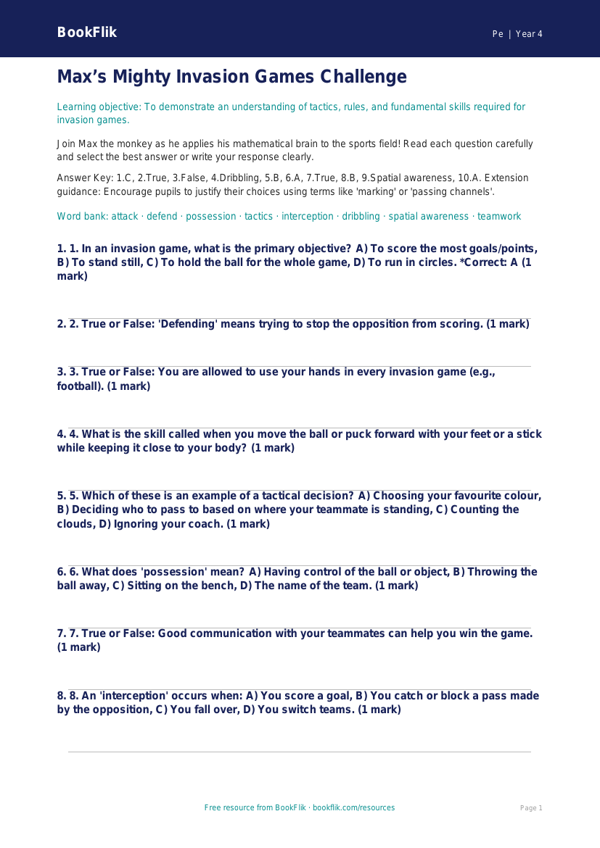 Invasion Games Quiz for Class 4 | CBSE Physical Education | BookFlik worksheet preview — Pe Invasion Games