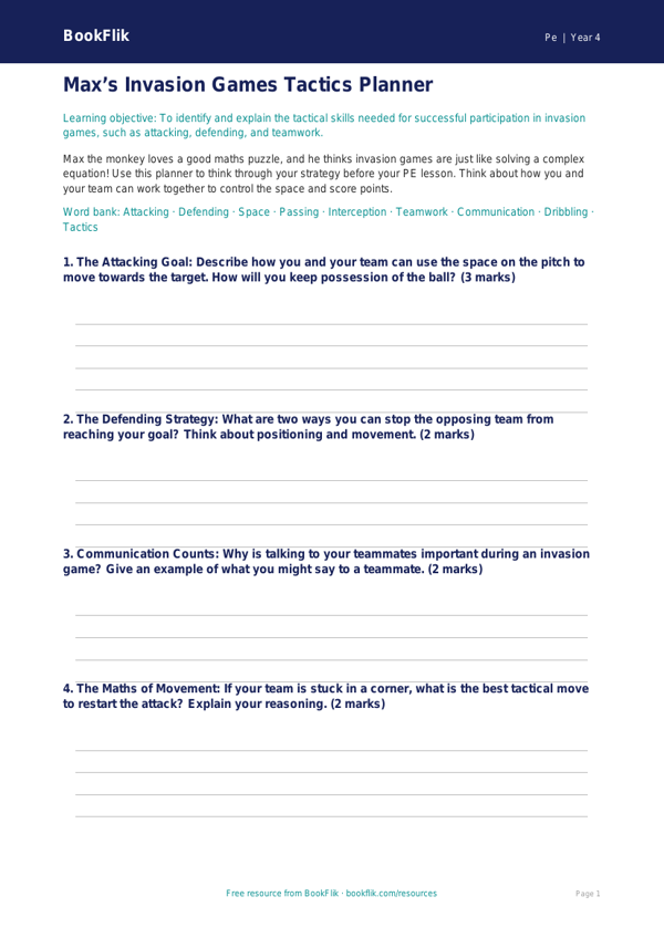 Free Invasion Games Template | Class 4 | PE | BookFlik worksheet preview — Pe Invasion Games