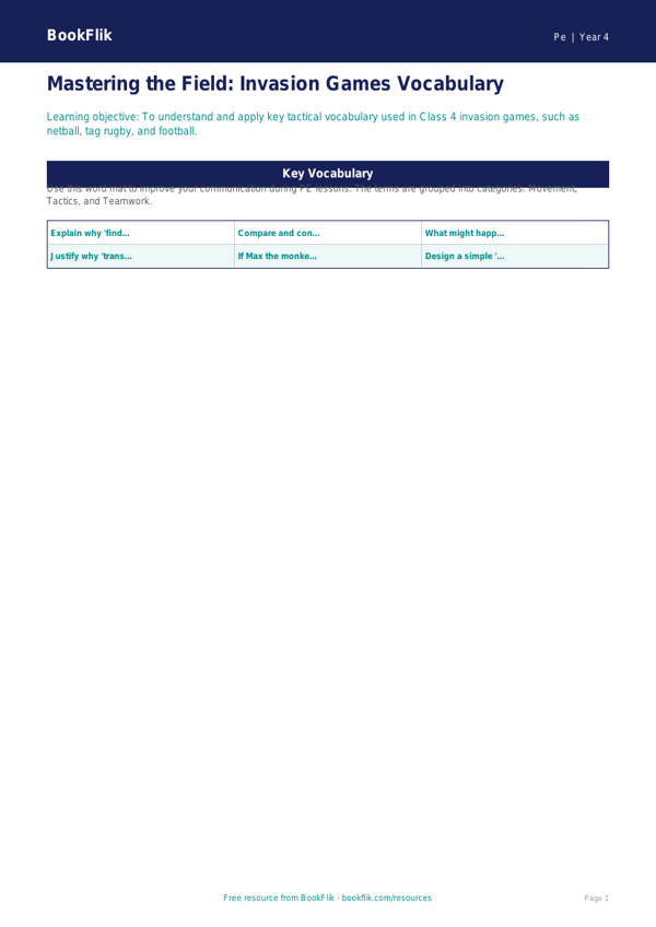 Invasion Games Vocabulary Mat | Class 4 PE | CBSE Resource worksheet preview — Pe Invasion Games
