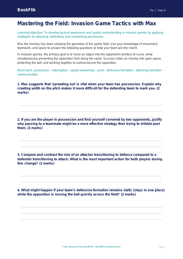 Invasion Games Worksheet for Class 4 | CBSE PE Curriculum | BookFlik worksheet preview — Pe Invasion Games