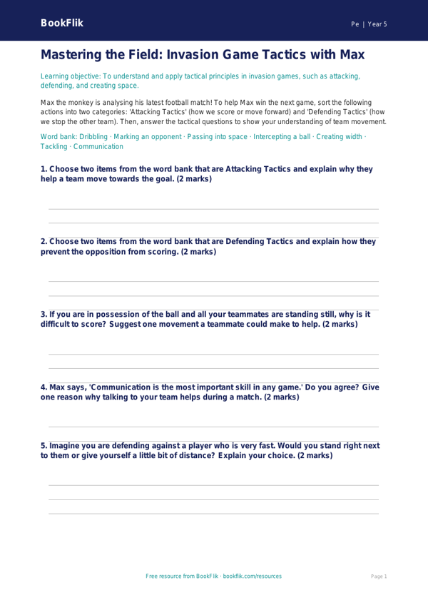 Invasion Games Activity Sheet for Class 5 | CBSE PE Curriculum worksheet preview — Pe Invasion Games