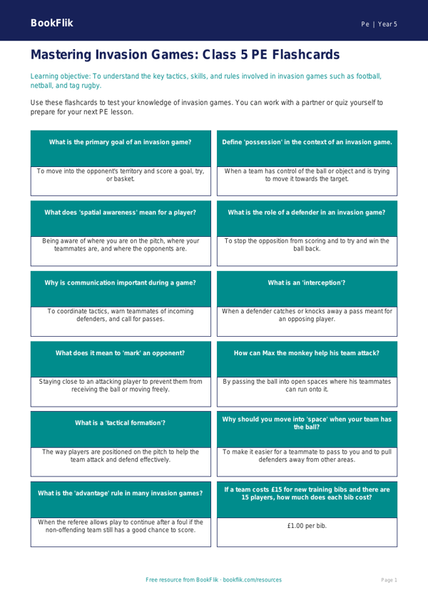 Invasion Games Class 5 PE Worksheet | CBSE Physical Education worksheet preview — Pe Invasion Games