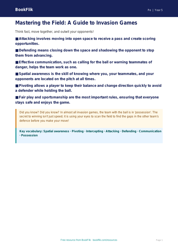 Invasion Games Explained: Class 5 PE Resource | BookFlik worksheet preview — Pe Invasion Games