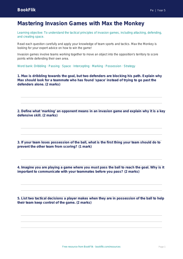 Invasion Games Worksheet for Class 5 | CBSE PE Curriculum | BookFlik worksheet preview — Pe Invasion Games