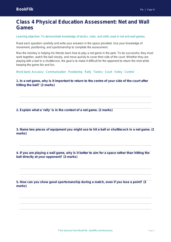 Free Net And Wall Games Assessment | Class 4 | PE | BookFlik worksheet preview — Pe Net And Wall Games