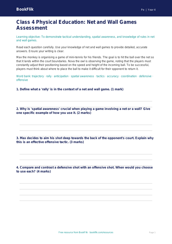 Net and Wall Games Assessment | Class 4 PE | BookFlik worksheet preview — Pe Net And Wall Games