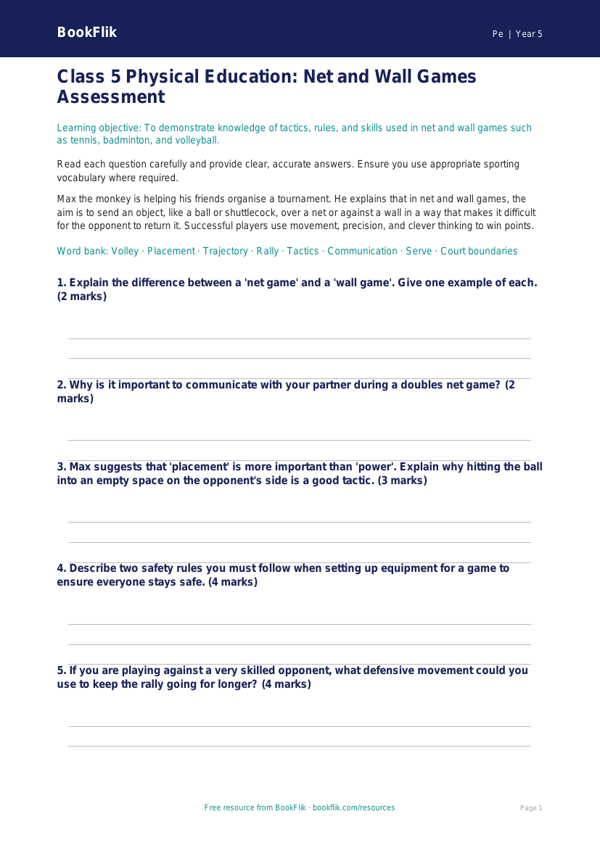 Net and Wall Games Assessment for Class 5 | CBSE PE Worksheet worksheet preview — Pe Net And Wall Games