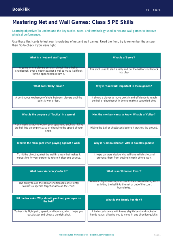 Net and Wall Games Class 5 PE Lesson | BookFlik Resources worksheet preview — Pe Net And Wall Games