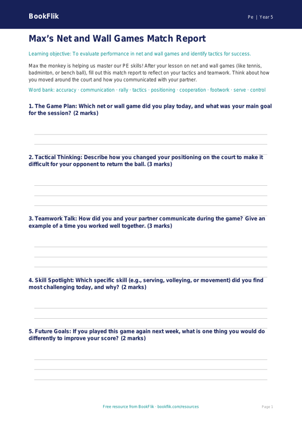 Net and Wall Games Class 5 Worksheet | CBSE Physical Education worksheet preview — Pe Net And Wall Games