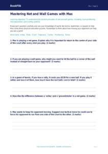 Net and Wall Games Worksheet for Class 5 | CBSE Physical Education
