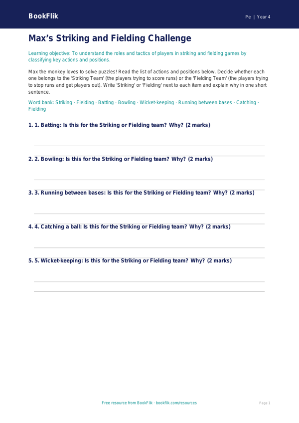 Free Striking and Fielding Activity Sheet | Class 4 | PE | BookFlik worksheet preview — Pe Striking And Fielding