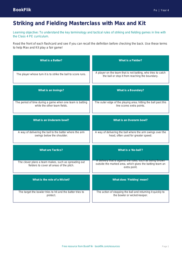 Pe striking and fielding flashcards class 4 core worksheet preview — Pe Striking And Fielding