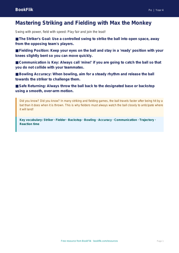 Striking and Fielding Games: Class 4 PE Learning Resource | BookFlik worksheet preview — Pe Striking And Fielding