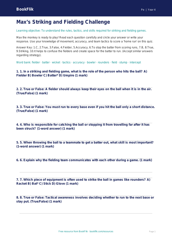 Striking and Fielding Games Quiz | Class 4 PE | BookFlik worksheet preview — Pe Striking And Fielding