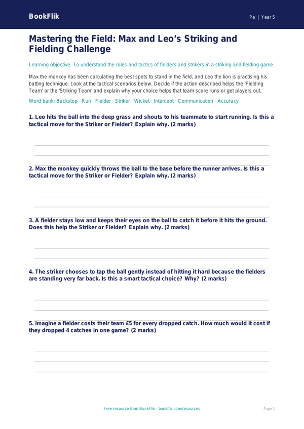 Class 5 Striking and Fielding Activity Sheet | CBSE Physical Education worksheet preview — Pe Striking And Fielding