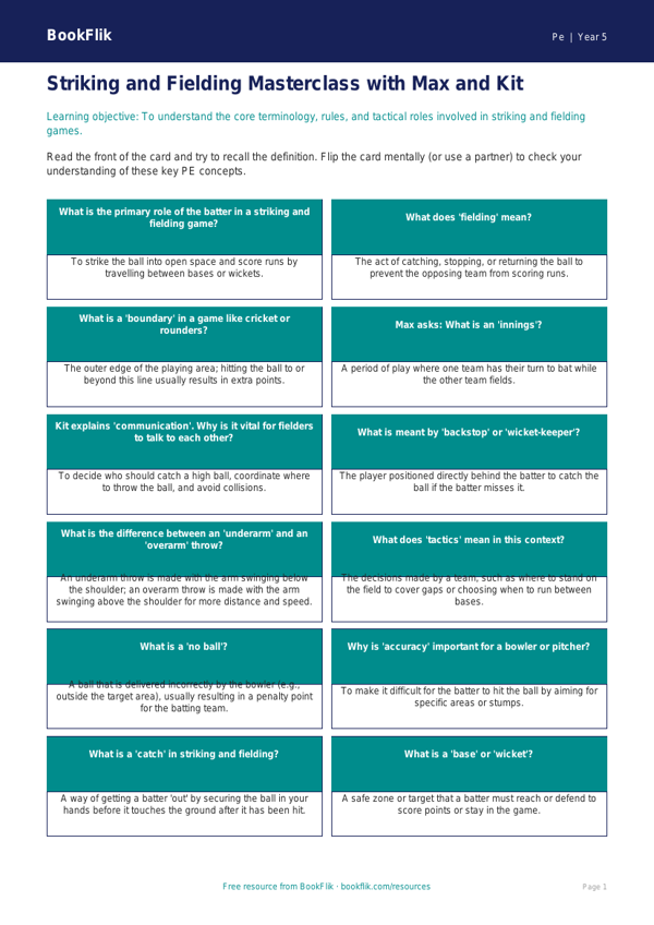 Striking and Fielding Games: Class 5 PE Resources | BookFlik worksheet preview — Pe Striking And Fielding