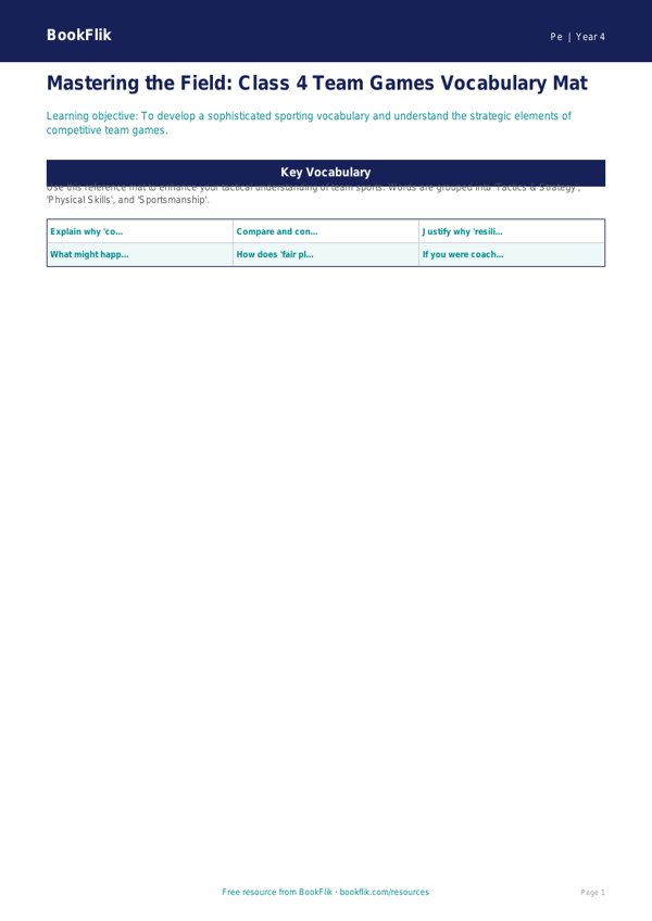 Team Games Vocabulary Word Mat | Class 4 PE | CBSE Resource worksheet preview — Pe Team Games